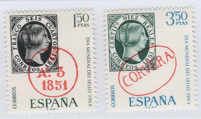 Francobolli Spagna Anno 1969 Giornata mondiale del francobollo Riproduzione dei francobolli del 1851