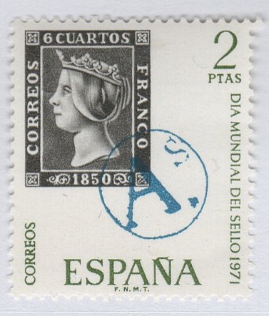 Francobollo Spagna Anno 1971 Giornata Mondiale del francobollo Riproduzione di un francobollo del 1850
