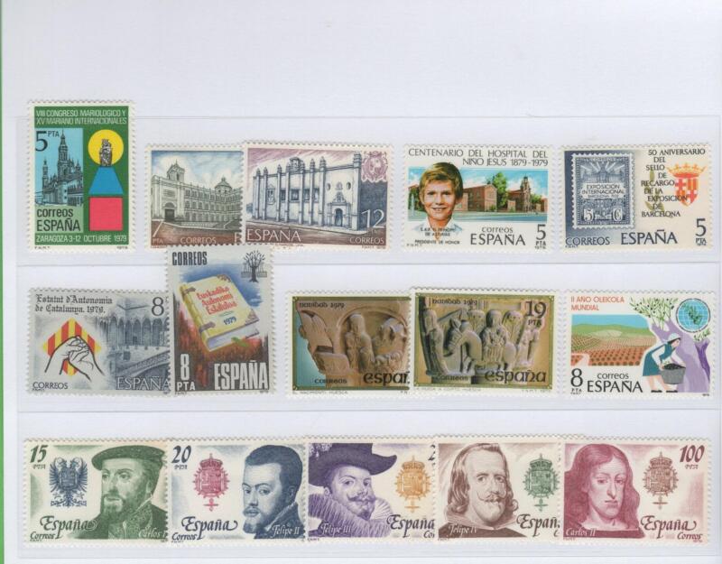 Francobolli Spagna  Anno 1979 Varie emissioni (cat. n. 2189, cat. n. 2190-2191, cat. n. 2192-2193, cat. n. 2194, cat. n. 2195, cat. n. 2196-2197, cat. n. 2198-2202, cat. n. 2203)
