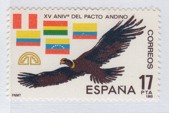 Francobollo Spagna Anno 1985 15esimo anniversario del Patto Andino firmato a Cartagena