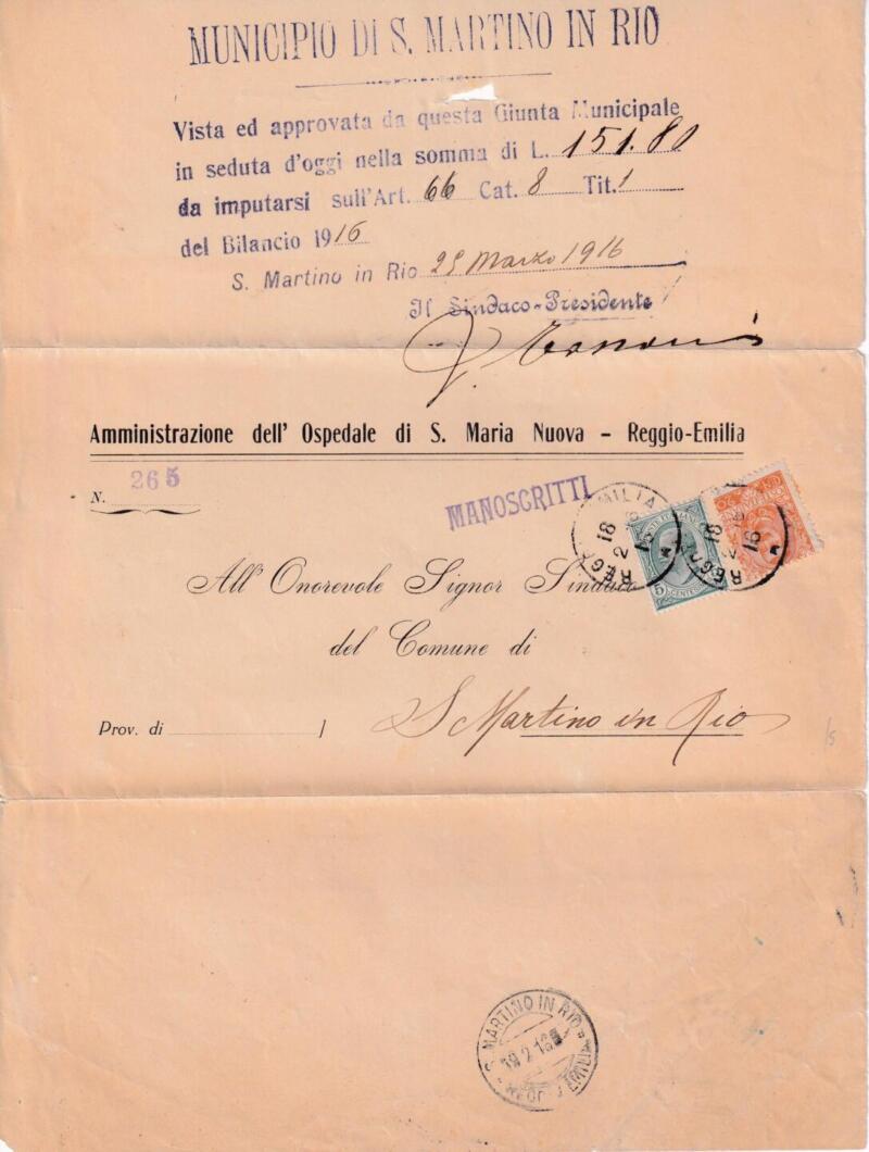 Storia postale  Circolare da Amministrazione dell’Ospedale di S. Maria Nuova Reggio Emilia 10/02/1916 al Municipio di S. Martino in Rio