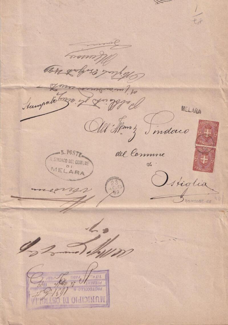 Storia postale  Circolare dal Comune di Melara al Sindaco del Comune di Ostiglia Annullo Muto