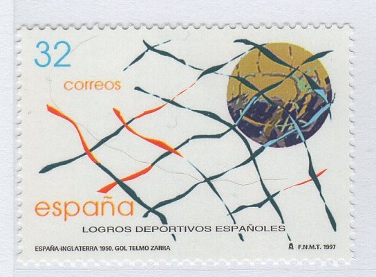 Francobollo Spagna Anno 1997 Trionfi sportivi spagnoli Vittoria calcistica sull’Inghilterra 1950 (cat. n. 3099)