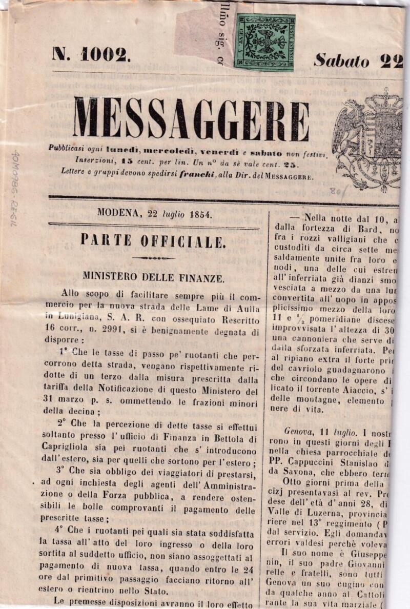 Storia postale  Giornale MESSAGGERIE  Modena 22 luglio 1854