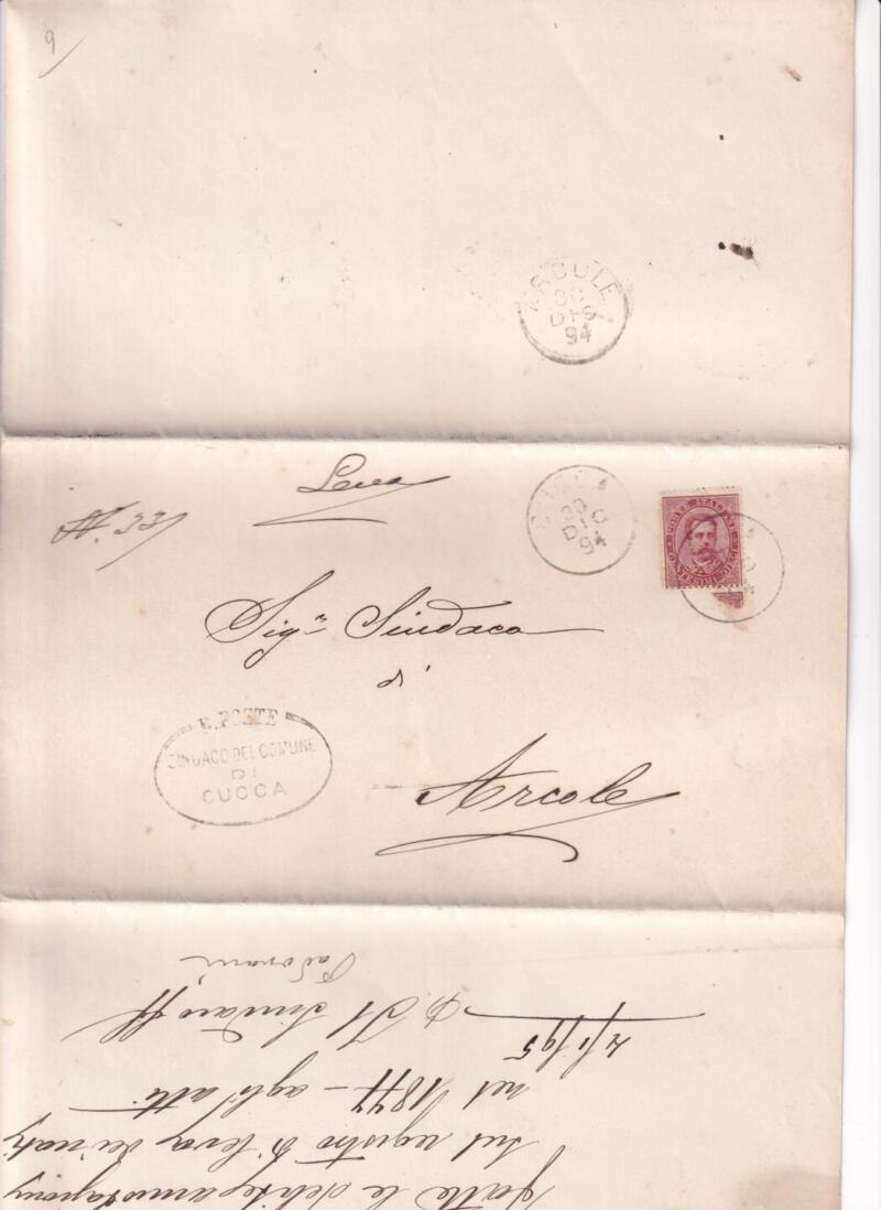 Storia postale Circolare da Municipio Cucca (Timbro R. Poste Sindaco del Comune di Cucca) 30/12/1894 al Sig. Sindaco di Arcore