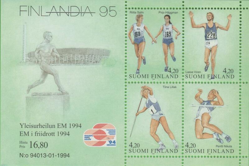 Foglietto Finlandia Anno 1994 Finlandia 95 Esposizione filatelica internazionale Helsinki Campionati europei di atletica leggera Helsinki Atleti finlandesi