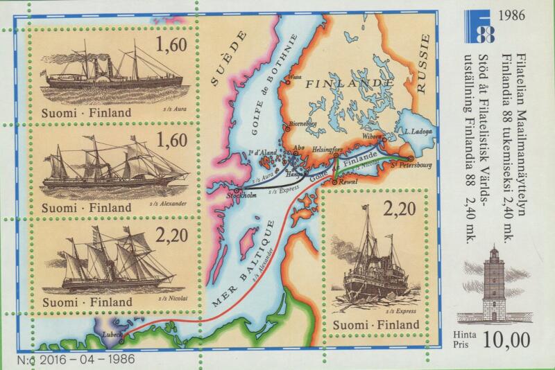 Foglietto Finlandia Anno 1986 Finlandia 88 Esposizione filatelica internazionale a Helsinki Antiche navi postali e la loro rotta
