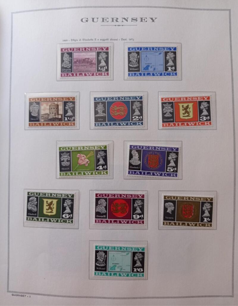 Francobolli Guernsey Anno 1969 Annata completa montata su Fogli Marini King usati  (i fogli sono in omaggio)