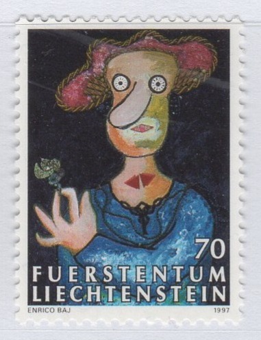 Francobollo Liechtenstein Anno 1997 Omaggio al Liechtenstein Quarta serie Opera del pittore Enrico Baj