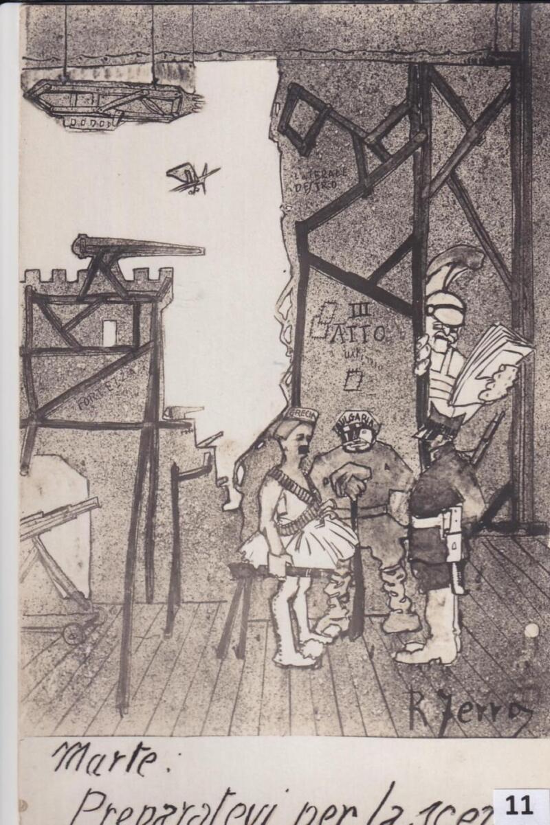 Cartolina satirica d'epoca MARTE PREPARATEVI PER LA SCENA