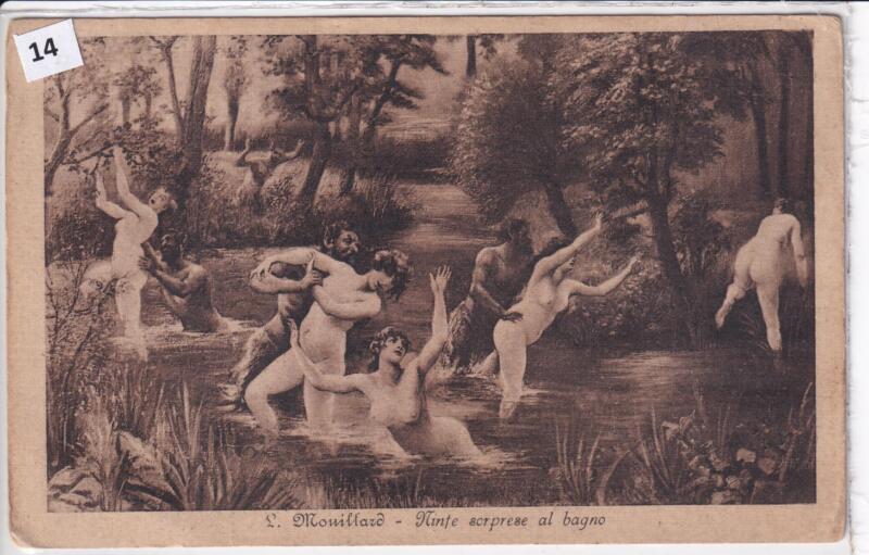 Cartolina d’epoca nudi di donna Ninfe sorprese al bagno di L. Mouillard