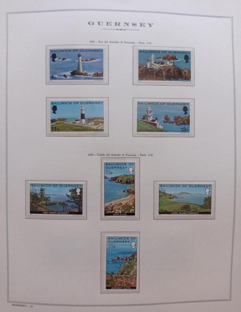 Francobolli Guernsey Anno 1976 Annata completa montata su Fogli Marini King usati  (i fogli sono in omaggio)