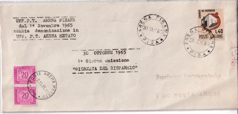 Busta  viaggiata  timbro ultimo giorno con denominazione della località ARENA PISANA timbro nuova denominazione ARENA METATO 2-11-1965