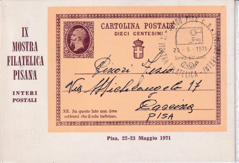 Cartolina IX Mostra Filatelica Pisana Interi Postali affrancata con 2 francobolli Serie Ventennale della CECA Lire 50 e Lire 90 (cat. n. 1145 e 1146) con Annullo Speciale 23-5-1971 IX Mostra Filatelica Pisana Interi Postali Pisa 22-23 maggio 1971