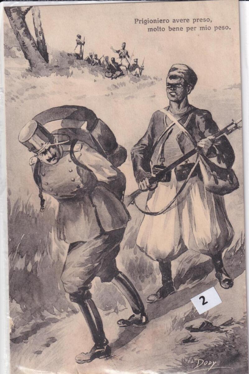 Cartolina satirica d'epoca PRIGIONIERO AVERE PRESO, MOLTO BENE PER MIO PESO