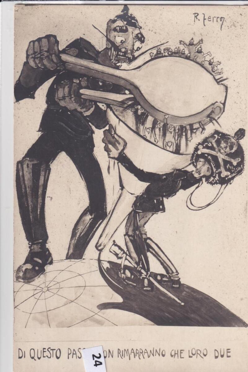 Cartolina satirica d'epoca Di questo passo non rimarranno che loro due