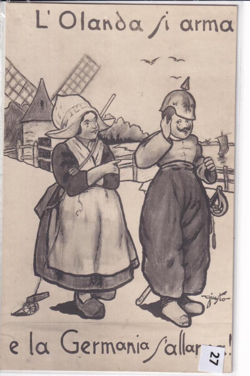 Cartolina satirica d'epoca L'OLANDA SI ARMA E LA GERMANIA SI ALLARMA