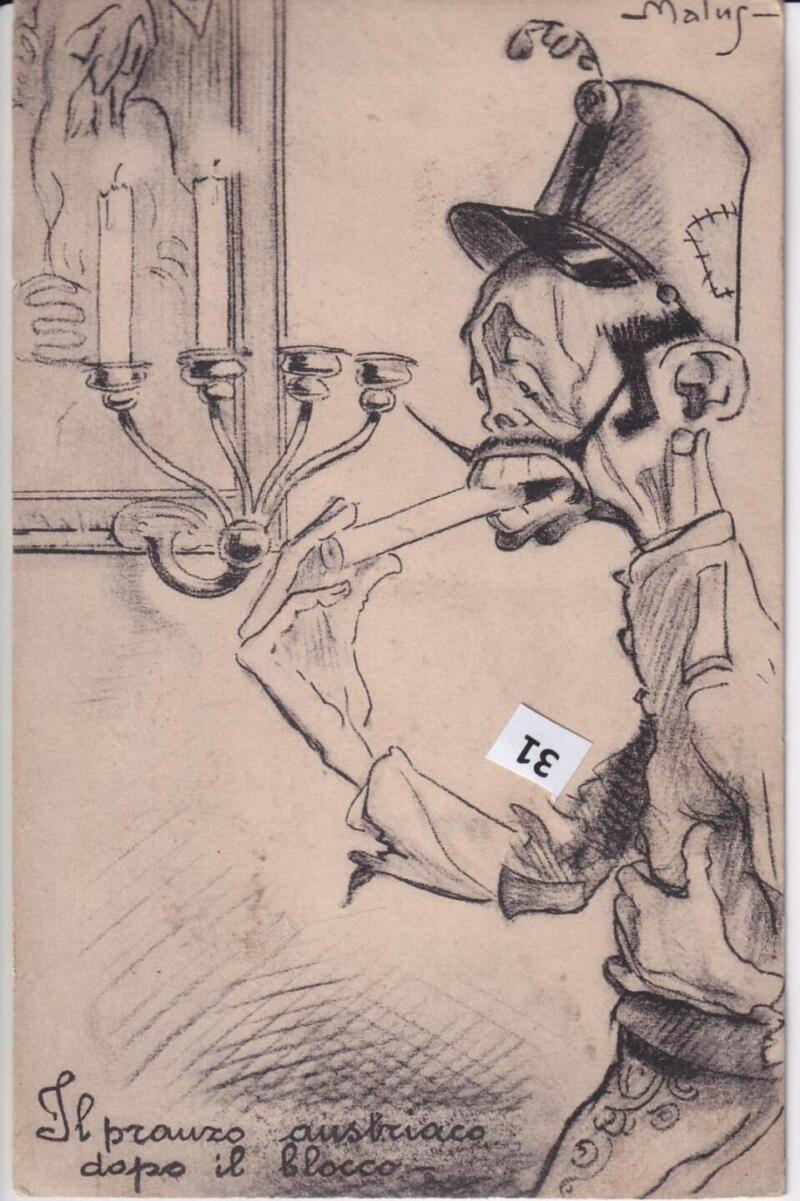 Cartolina satirica d'epoca IL PRANZO AUSTRIACO DOPO IL BLOCCO