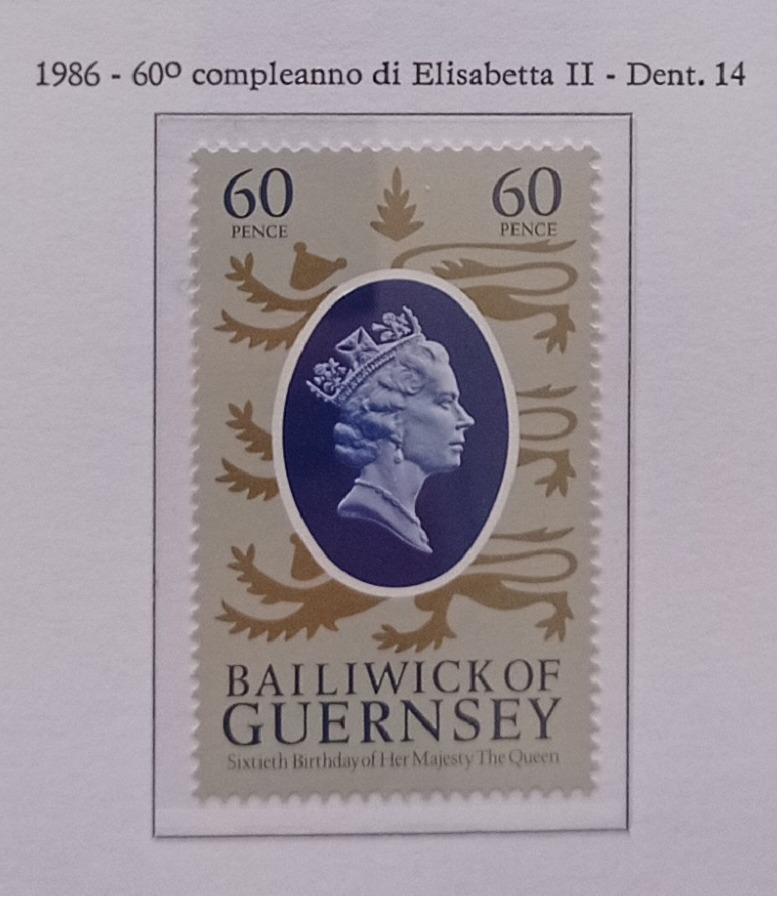 Francobollo Guernsey Anno 1986 60esimo compleanno della Regina Elisabetta II