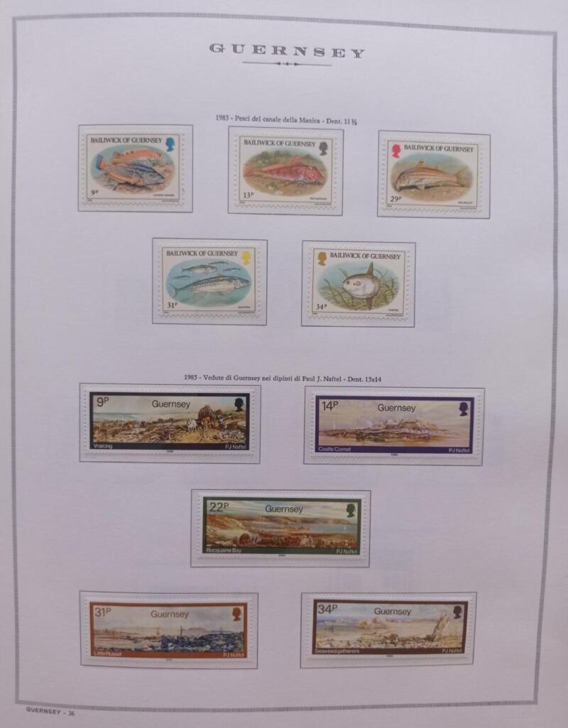 Francobolli Guernsey  Anno 1985  Annata completa montata su Fogli Marini King usati  (i fogli sono in omaggio)