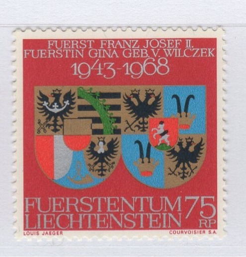 Francobollo Liechtenstein Anno 1968 Nozze d'argento del Principe Francesco Giuseppe II con la Principessa Gina Blasoni delle Case Liechtenstein e Wilczek
