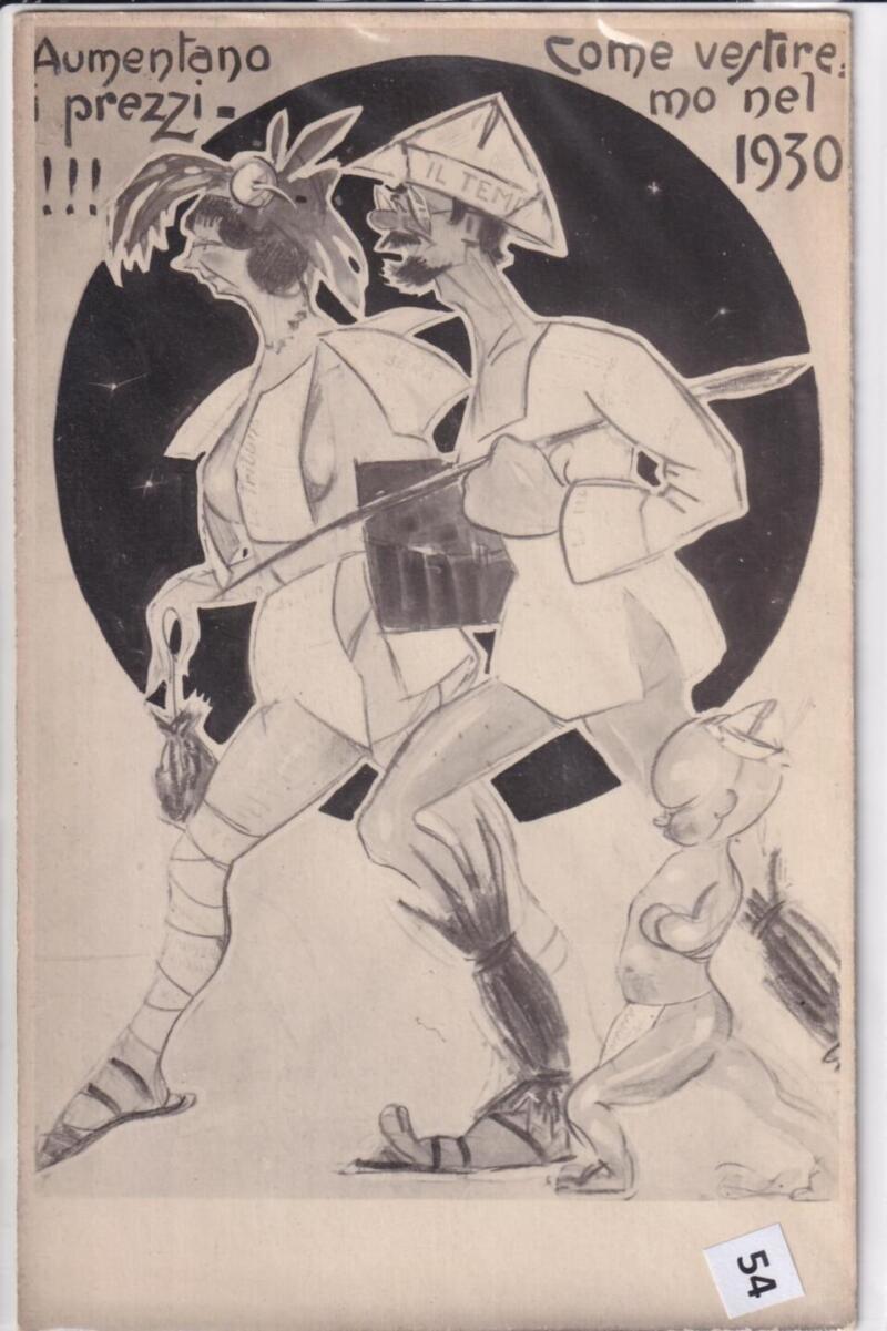 Cartolina satirica d'epoca AUMENTANO I PREZZI!!! COME VESTIREMO NEL 1930
