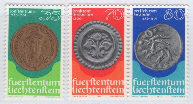 Francobolli Liechtenstein Anno 1977 Monete e medaglie Prima serie