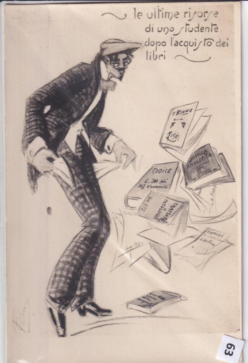 Cartolina satirica d'epoca Le ultime risorse di uno studente dopo l’acquisto dei libri