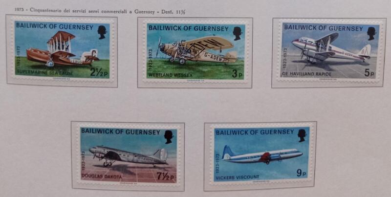 Francobolli Guernsey Anno 1973 Cinquantenario dell'aviazione