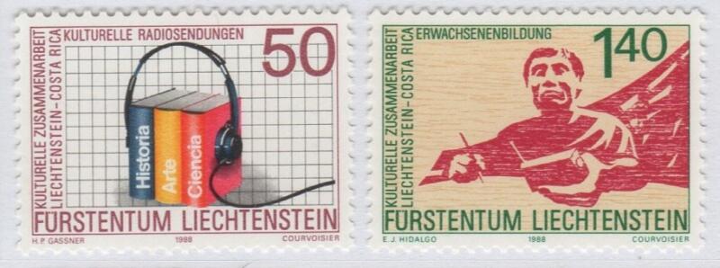 Francobolli Liechtenstein Anno 1988 Cooperazione culturale Costa Rica-Liechtenstein