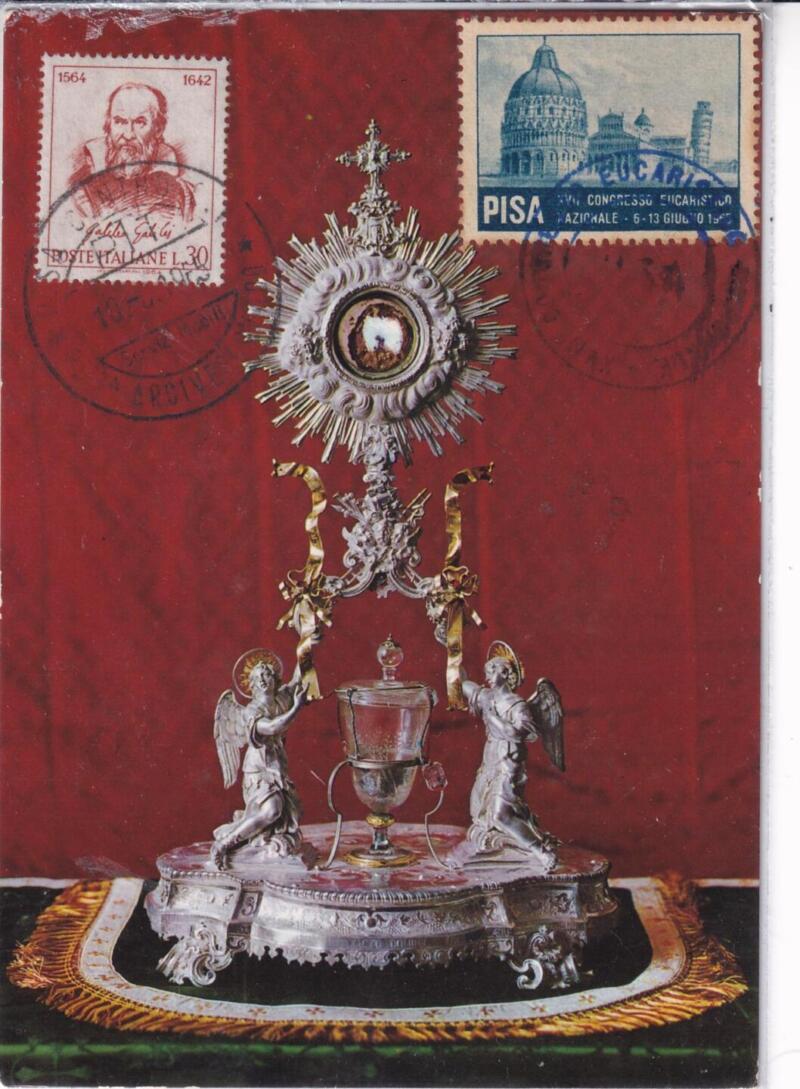 Cartolina Francobollo Galileo Anno 1974 e Erinnofilo Piazza dei Miracali Pisa Annullo Primo Giorno Pisa Filatelico