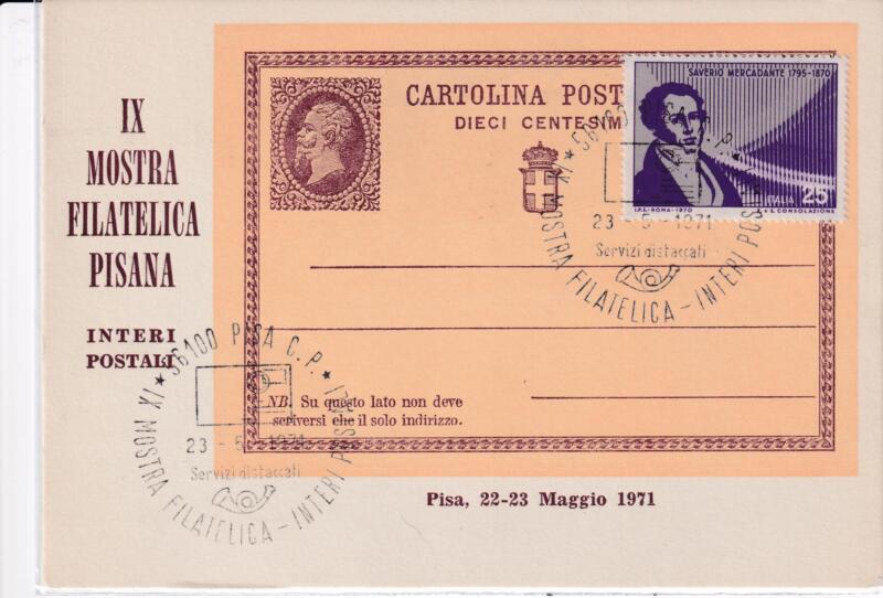 Cartolina IX Mostra Filatelica Pisana Interi Postali Pisa 22-23 maggio 1971 con Annullo Speciale 23-5-1971