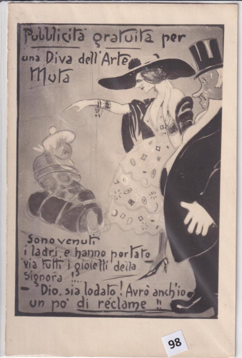 Cartolina satirica d'epoca PUBBLICITA' GRATUITA PER UNA DIVA DELL'ARTE MUTA