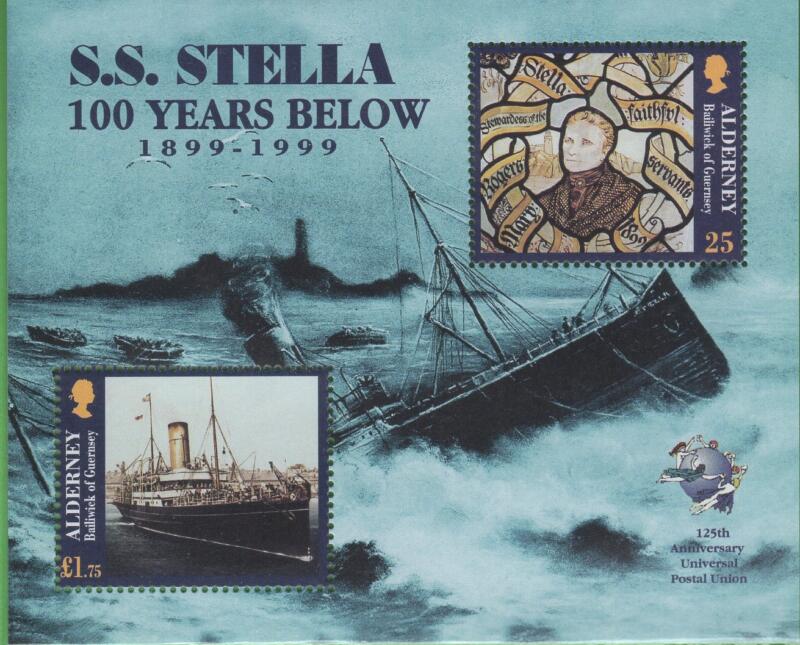Foglietto Alderney Anno 1999 In ricordo del naufragio della nave SS Stella