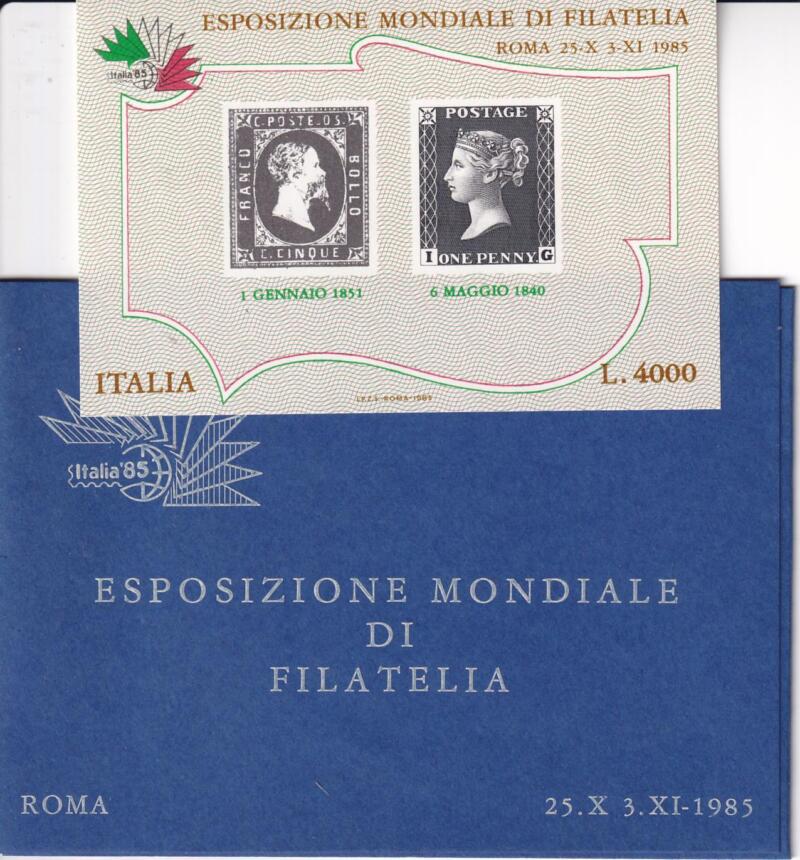 Foglietto Italia Anno 1985 Italia 85 Esposizione Internazionale di Filatelia a Roma Quinta serie Riproduzione del 5 Centesimi di Sardegna del 1851 e del Penny Black