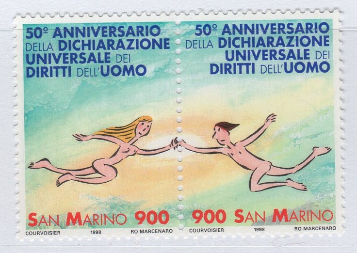 Francobolli San Marino Anno 1998 ITALIA 98 Esposizione mondiale di filatelia Milano Giornata dei diritti dell'Uomo 50esimo anniversario della Dichiarazione Universale dei Diritti dell'Uomo