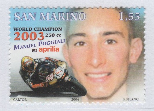 Francobolli San Marino Anno 2004 Motomondiale 2003 Il sammarinese Manuel Poggiali campione del mondo nella classe 250 cc