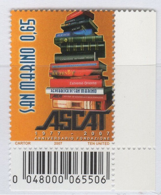 Francobollo San Marino Anno 2007 30esimo anniversario dell'Associazione Internazionale degli editori di Cataloghi filatelici, di Album e di Pubblicazioni filateliche ASCAT