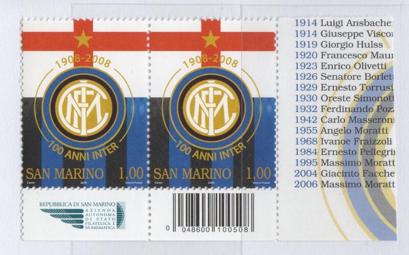 Coppia del Francobollo San Marino Anno 2008 Centenario della fondazione della squadra di calcio dell'Inter