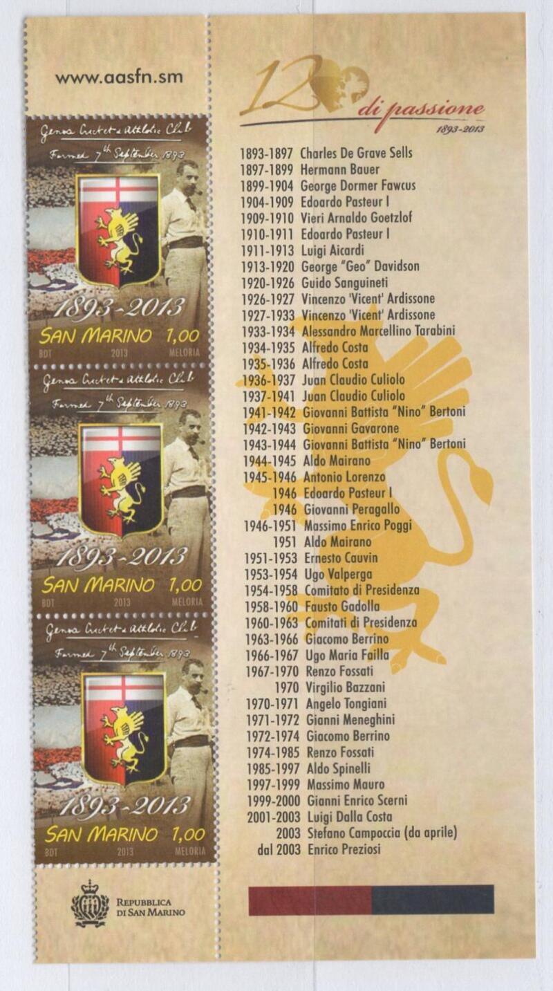 Striscia verticale di 3 valori con descrizione illustrata del Francobollo San Marino Anno 2013 120esimo anniversario della fondazione della Società Genoa Cricket and Football