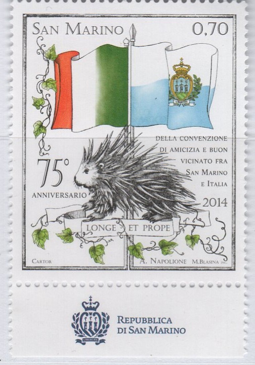 Francobollo San Marino Anno 2014 75rsimo anniversario della convenzione di amicizia e buon vicinato con l'Italia del 31 marzo 1939