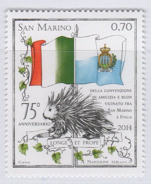 Francobollo San Marino Anno 2014 75rsimo anniversario della convenzione di amicizia e buon vicinato con l'Italia del 31 marzo 1939