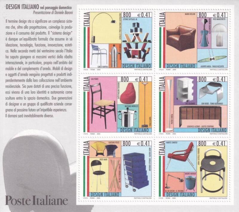 Foglietto Italia Anno 2000 Serie tematica Design italiano Prima serie Riproduzioni di mobili e complementi d'arredo