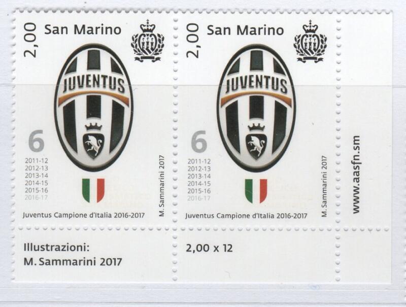 Coppia Francobollo San Marino Anno 2017 Juventus Campione d'Italia 2016-2017