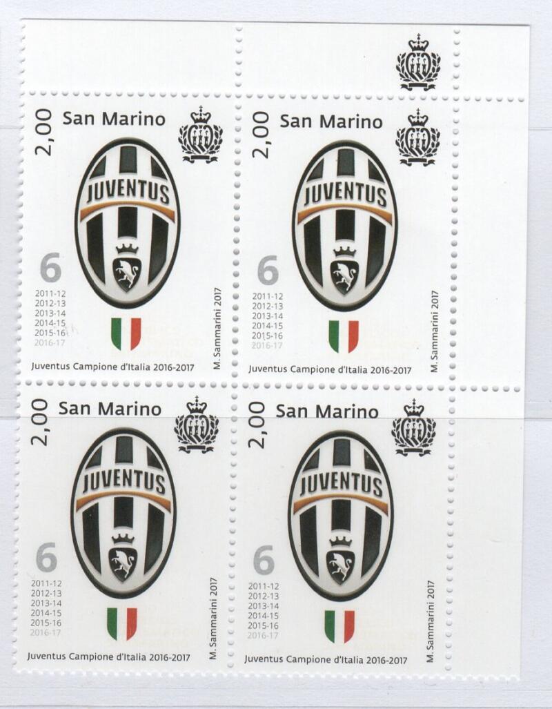 Quartina Francobollo San Marino Anno 2017 Juventus Campione d'Italia 2016-2017
