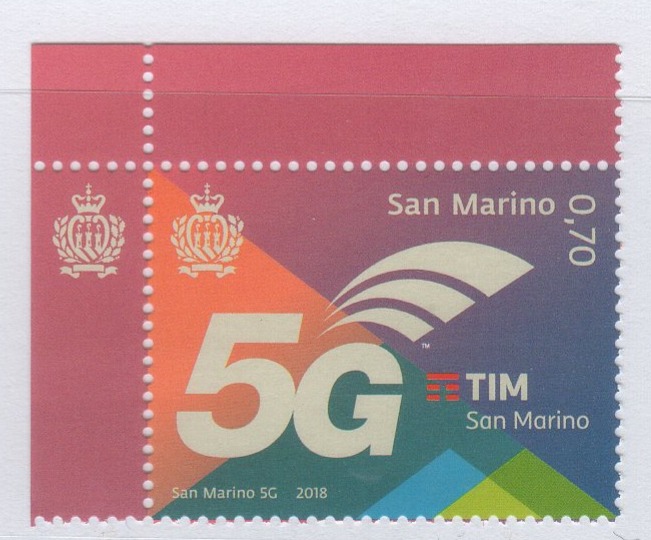 Francobollo San Marino Anno 2018 5G San Marino primo Stato d'Europa con la tecnologia di telecomunicazioni mobili 5G
