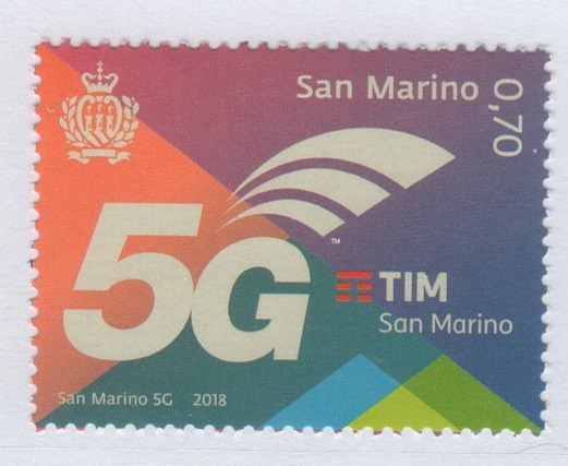 Francobollo San Marino Anno 2018 5G San Marino primo Stato d'Europa con la tecnologia di telecomunicazioni mobili 5G