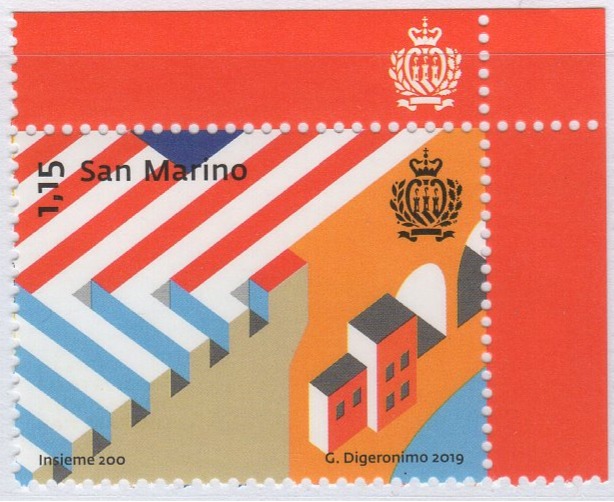Francobollo San Marino Anno 2019 Insieme 200 Bicentenario dei rapporti diplomatici con gli Stati Uniti d'America tramite il Consolato di Firenze