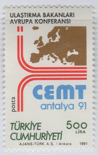 Francobollo Turchia Anno 1991 Conferenza dei Ministri europei dei trasporti CEMT Antalya