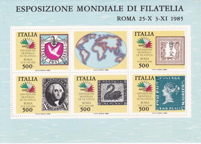 Foglietto Italia Anno 1985 Italia 85 Esposizione Internazionale di Filatelia a Roma Settima serie Riproduzione dei francobolli più rappresentativi dei cinque continenti